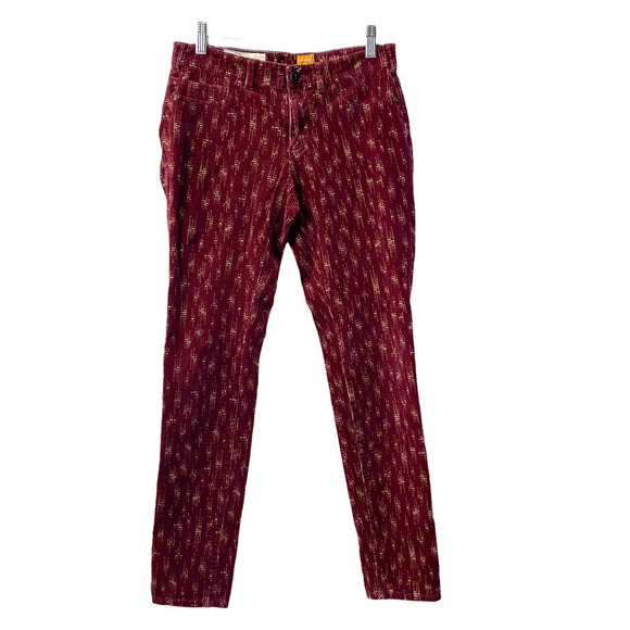 Anthro pilcro Corduroy Dark Red Cream Aztec Boho Skinny Pants Size 27 - Picture 1 of 11